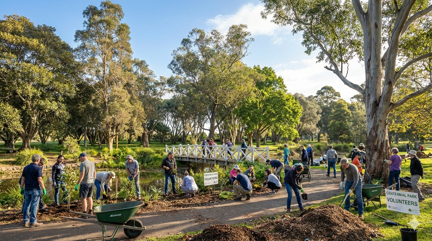 People in park volunteering and planting trees